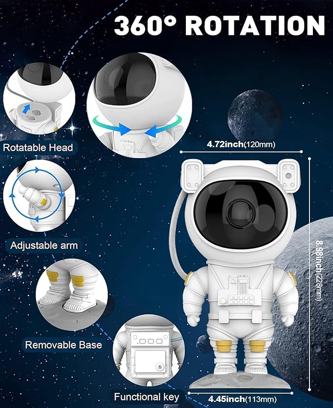 Astronaut Galaxy Projector Night Light – 360° Rotating Nebula Star Projector with Remote Control, Timer & Adjustable Head.