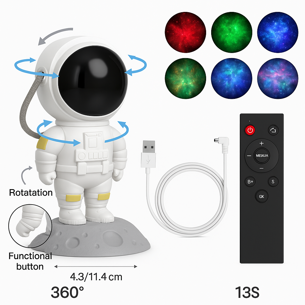 Astronaut Galaxy Projector Night Light – 360° Rotating Nebula Star Projector with Remote Control, Timer & Adjustable Head.